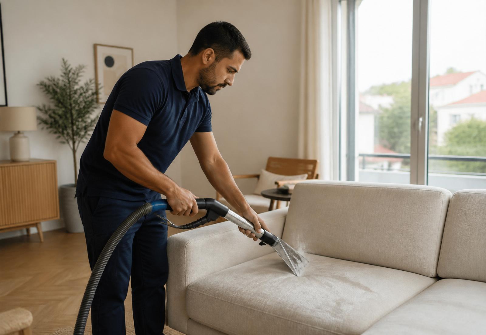 Técnico da Fixmate a limpar um sofá numa sala moderna em Portugal