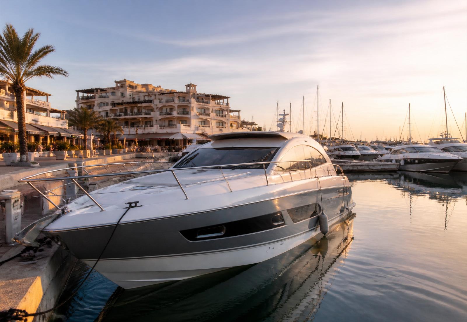 Iate ancorado numa marina do Algarve ao entardecer